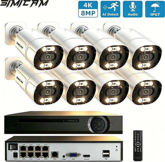 SIMICAM 4K 8MP 8CH PoE Überwachungskamera Set mit 4/6/8 Kameras, wasserdicht, Farbe Weiß, mit Audio und Farb-Nachtsicht - Bild 1