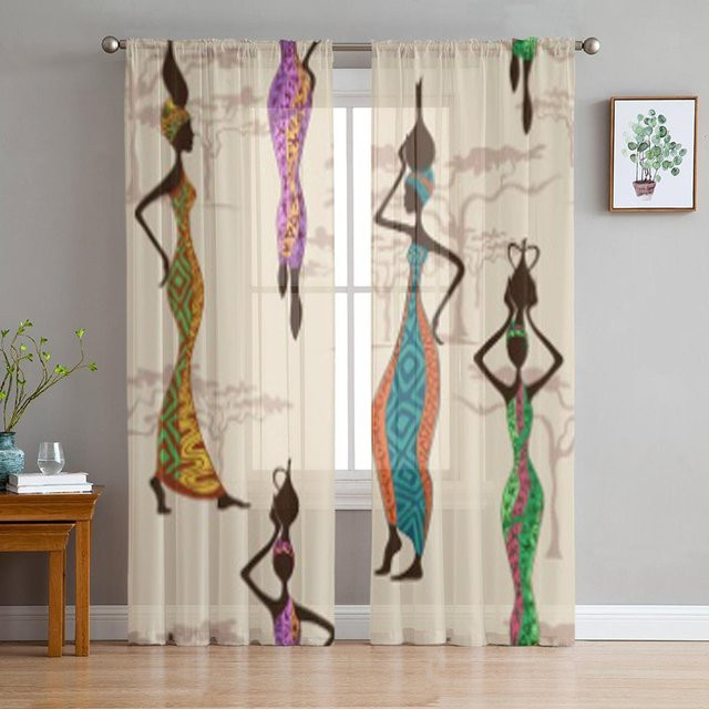 Super Six Transparente Voile Organza Vorhänge mit afrikanischem Frauenmotiv in Grau, B: 135 cm, H: 114 cm - Bild 1