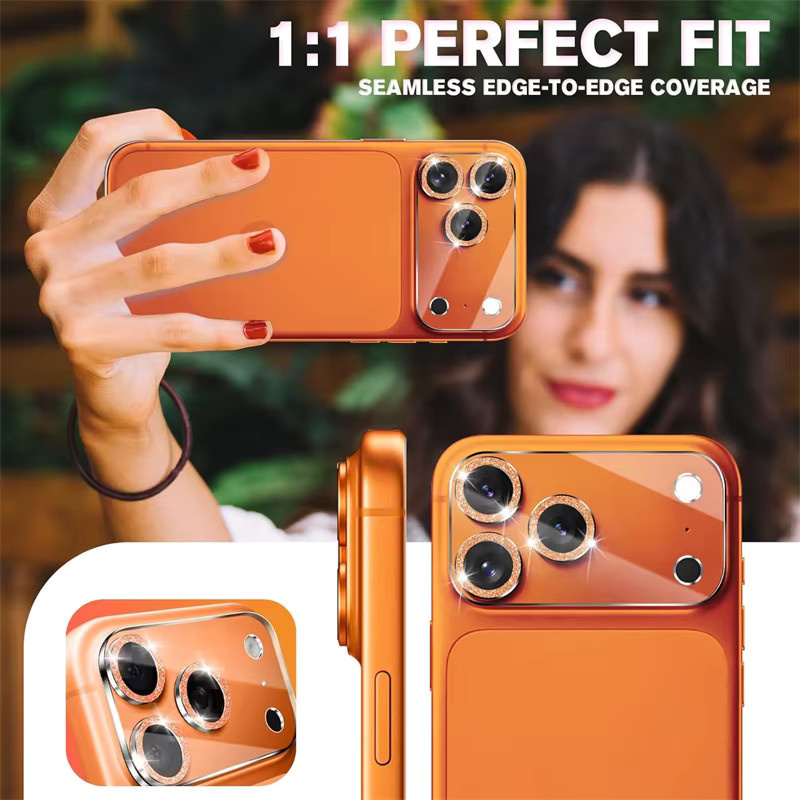 Glitzernder Kameralinsen-Schutz aus Glas als Vollabdeckung für dein Apple iPhone (kompatibel mit iPhone 17, 16, 15, 14, 13 Pro Max Plus Mini) in Schwarz oder Transparent - Bild 3