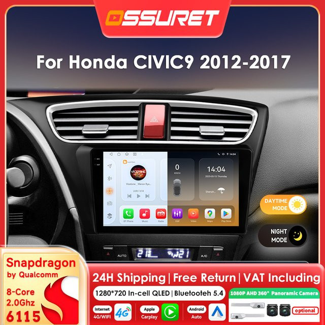 OSSURET Android Autoradio für Honda Civic Hatchback 9 FK FB 2012-2017 mit 8 Kernen, Multimedia-Player, 360 Kamera, GPS, AI und Carplay, Farbe: Schwarz - Bild 1