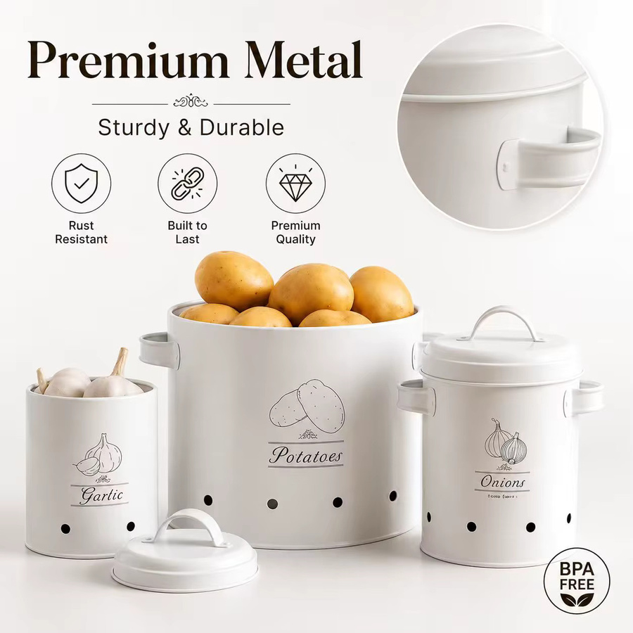 SAEIV 3-teiliges Kartoffel-Aufbewahrungsbox-Set aus Metall in Weiß zur Aufbewahrung von Kartoffeln, Zwiebeln und Knoblauch mit Belüftungslöchern - Bild 1