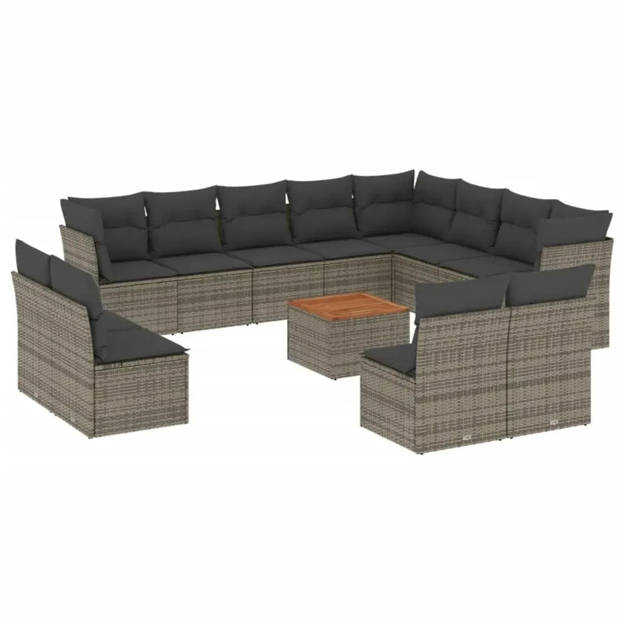 vidaXL 13-tlg. Garten-Sofagarnitur in L-Form aus Poly-Rattan und Akazienholz mit Kissen, Grau - Bild 2