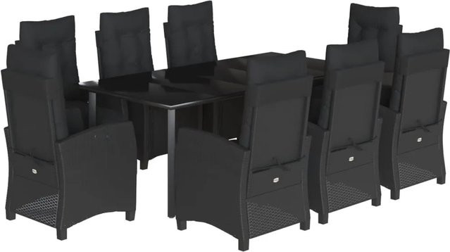 vidaXL 9-teilige Garten-Essgruppe aus Poly Rattan und Glas in Schwarz mit Kissen - Bild 1
