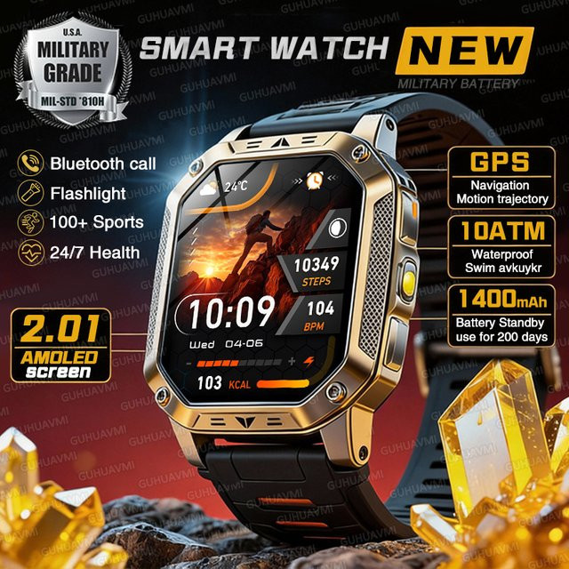 GUHUAVMI Smartwatch für Herren mit 2,01 Zoll AMOLED-Bildschirm, 1400mAh Akku, GPS-Tracking, 10ATM Wasserdichtigkeit und SOS-Anruffunktion in Schwarz - Bild 1