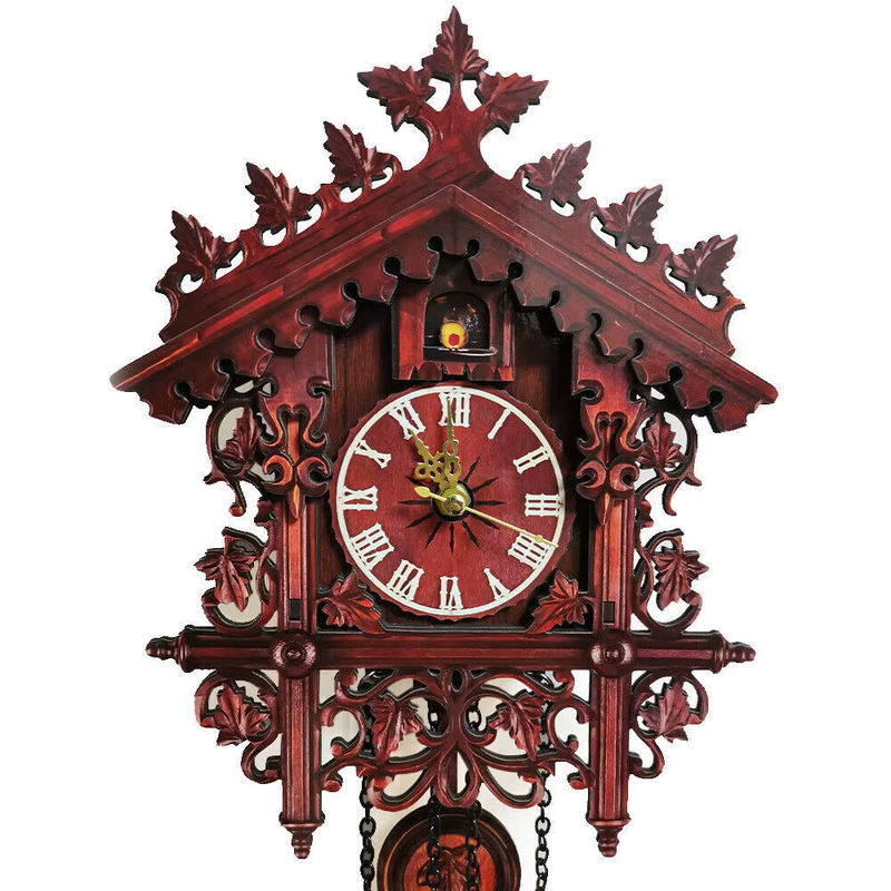 Vintage Kuckucksuhr aus Holz mit Pendel in Braun und Rot, analoge Wanduhr im antiken Design - Bild 5
