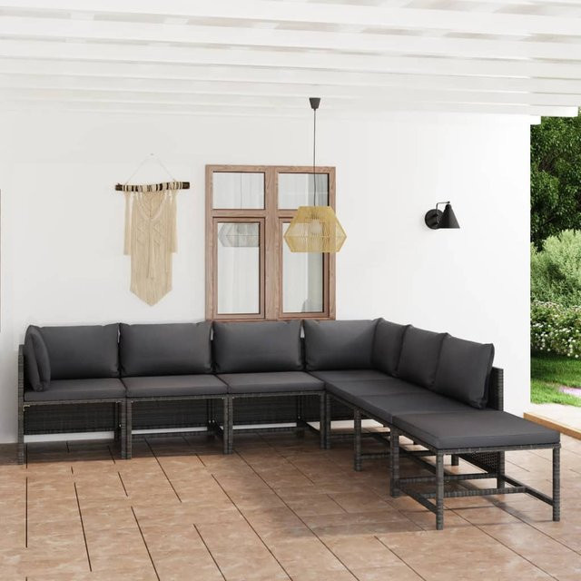 vidaXL 7-tlg. Garten-Lounge-Set in L-Form aus PE-Rattan und pulverbeschichtetem Stahl in Grau mit Polsterkissen - Bild 3