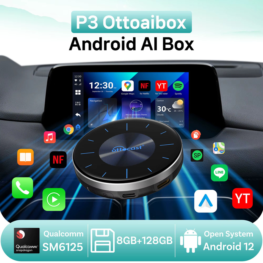 OTTOCAST Android 12 P3 AIBox Kabelloses Android Auto und CarPlay mit 128GB Speicher, WLAN und Unterstützung für YouTube und Netflix, Schwarz - Bild 2