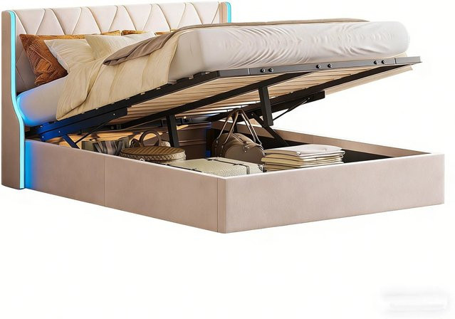 PXloue Polsterbett mit LED und hydraulischem Stauraum aus Samt in Beige, B/T/H: 160 x 200 x 105 cm - Bild 1