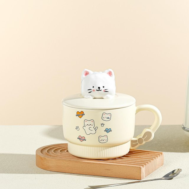 Yiran Furniture Keramiktasse mit süßem Katzen-Design, weiß, inklusive Deckel und Löffel, Fassungsvermögen: 550,5 ml - Bild 1