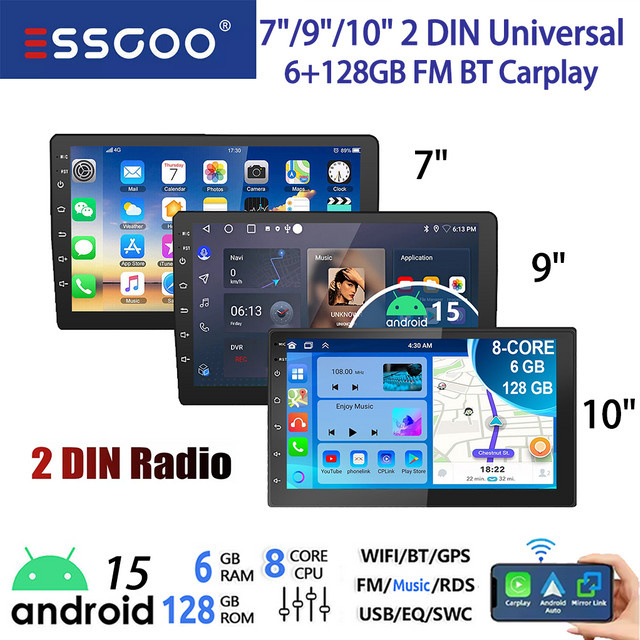 ESSGOO Universelles 2DIN Android 15 Autoradio mit 6+128G Speicher, Kabelloses Carplay und Android Auto, Schwarz, mit GPS, WLAN, Bluetooth und 4G Unterstützung - Bild 1