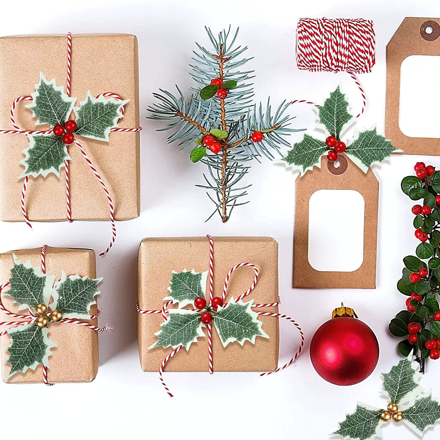 Joy-enlife Künstliche Stechpalmen Beeren mit Blättern in Gold und Rot für Weihnachtsbaumschmuck und Kranz-Arrangements - Bild 2