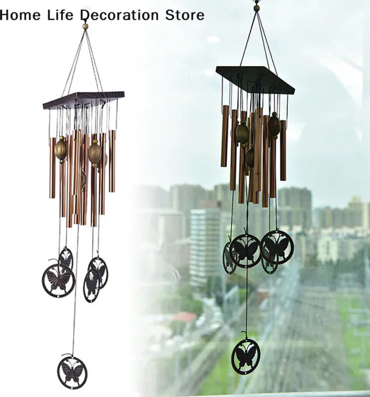 HozoneX Windspiel aus Metall in Kupferbraun mit Schmetterlingen und Röhren im Vintage-Design zur Wanddekoration - Bild 1