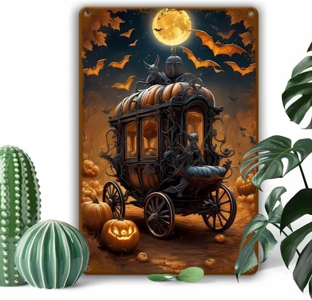 CIFBUY Halloween Kürbiskutsche Metallschild Vintage Herbstdeko Wandposter B/H: 45,0 x 30,0 cm - Bild 1