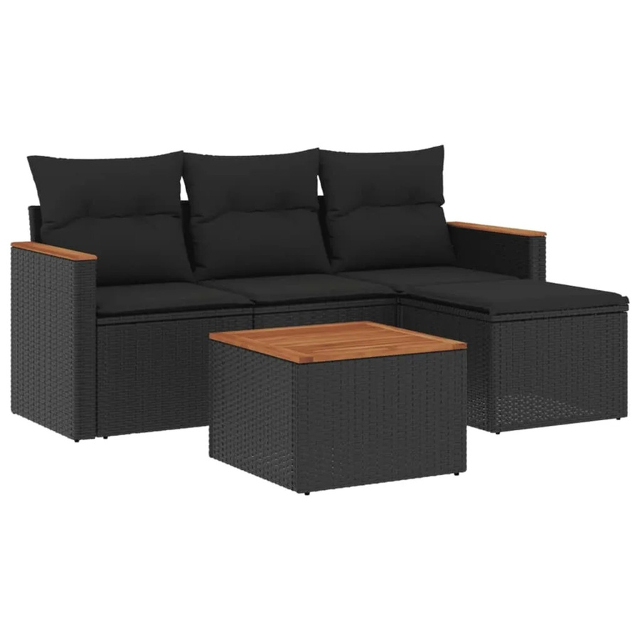 vidaXL 5-tlg Garten-Sofagarnitur aus Poly-Rattan und Akazienholz mit Kissen in Schwarz - Bild 2