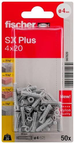 Fischer SX Plus Spreizdübel aus Nylon für Beton, 50 Stück, Durchmesser: 4 mm, Länge: 20 mm - Bild 1