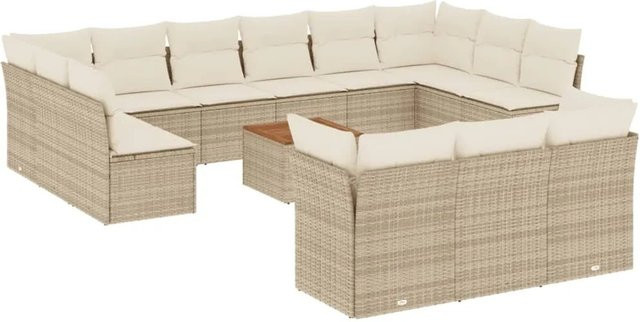 vidaXL 14-teilige Garten-Sofagarnitur in U-Form aus Polyrattan und Akazienholz mit Kissen in Beige-Creme - Bild 1