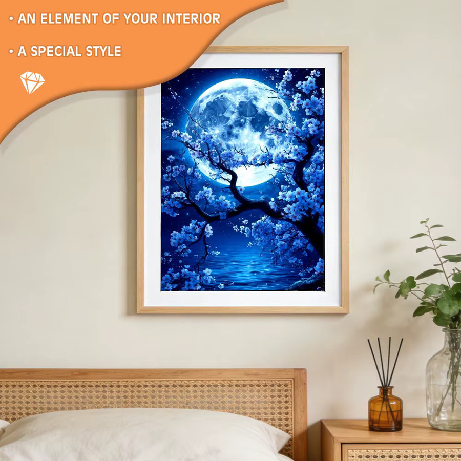 Huacan 5D-Diamantgemälde Set Mond und Pflaumenblütenbaum in Blau, Landschafts-Mosaik mit runden Strasssteinen, B/H: 20 x 30 cm - Bild 3
