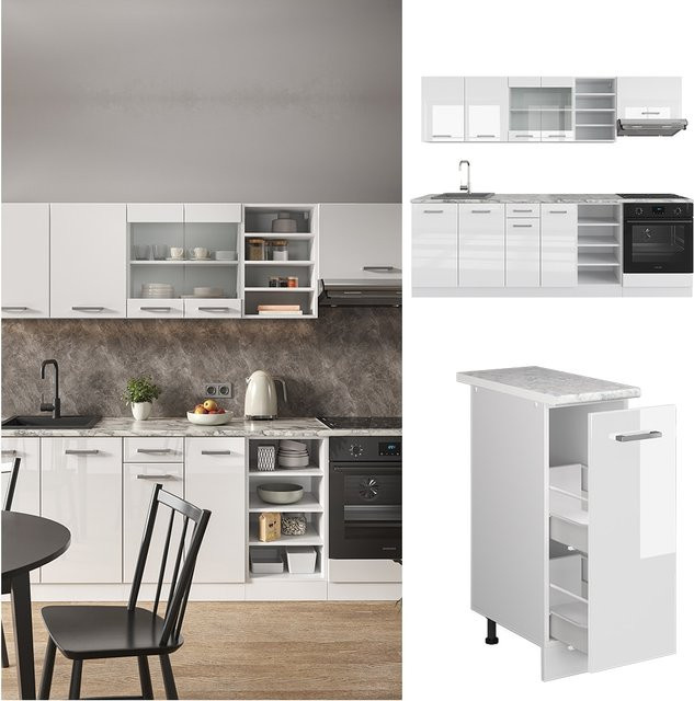 Vicco R-Line Küchenzeile in Weiß Hochglanz mit Marmor Arbeitsplatte, Breite: 240 cm - Bild 1
