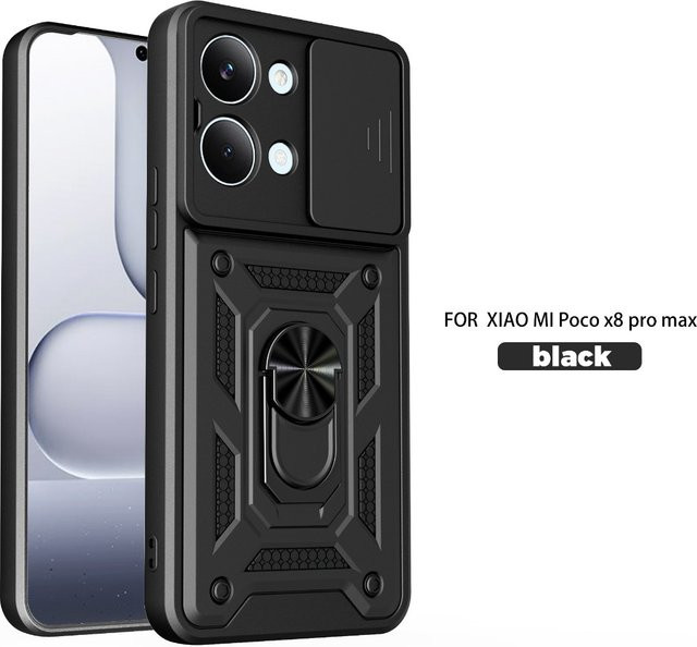 Magnetische Handyhülle für Xiaomi POCO X8 Pro Max, X8 und X7 Pro 5G mit Schiebe-Kameraschutz, Ringständer und stoßfester Rückabdeckung in Schwarz oder Gold - Bild 1