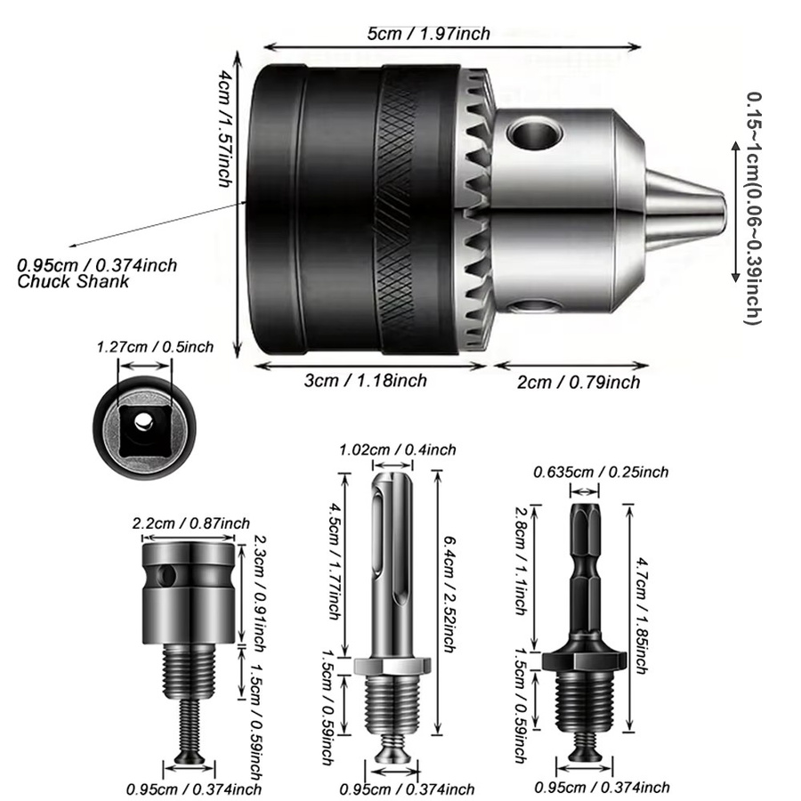 Bohrfutter-Adapter Set mit Spannfutterschlüssel für Schlagschrauber-Bits, 3/8–24UNF-Montage, 1,5–10 mm Spannweite, Sechskantschaft und SDS-Plus-Sockel, Farbe: Silber - Bild 2