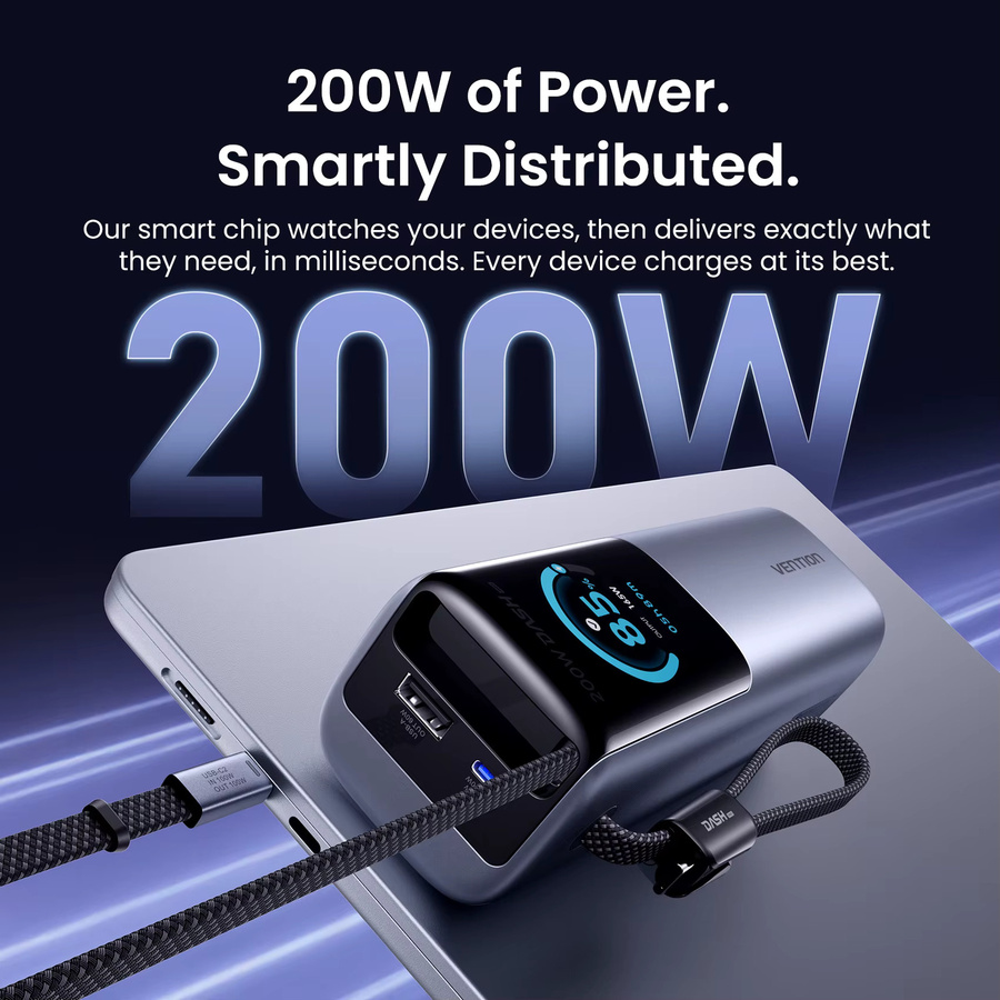 Vention Powerbank 25000mAh mit 200W Schnellladefunktion und einziehbaren Kabeln in Grau - Bild 2