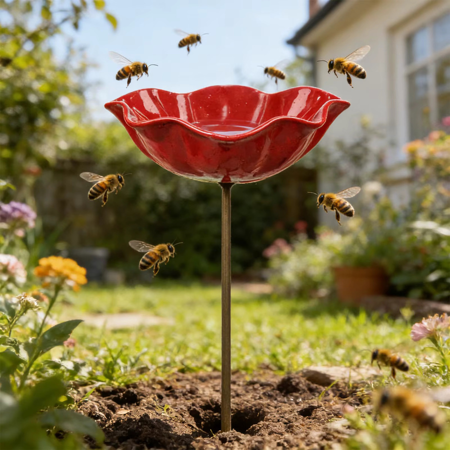 ALLOET Vogelbad aus Metall mit Blumendesign und Schmetterlings-Motiv in Rot als Gartenstecker für Bienen und Vögel - Bild 3