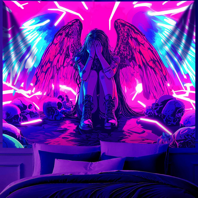VIKAMA Cyberpunk Dark Angel Wandteppich mit Neon Totenkopf in Multicolour, Wanddekoration für Gaming-Raum und Schlafzimmer, Breite: 60 cm, Höhe: 40 cm - Bild 1