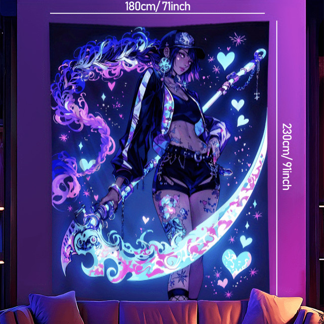 VIKAMA Magical Girl Anime Fluoreszierender Wandteppich, Mehrfarbig, B/H: 75 x 58 cm - Bild 1
