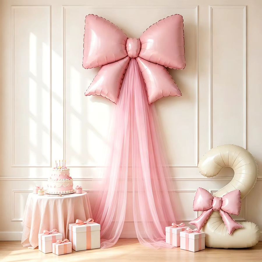 5-teiliges DIY-Ballons-Set für Geburtstagsdekoration in Cremeweiß und Hellrosa mit Zahlenfolienballons und Schleifenballons - Bild 1