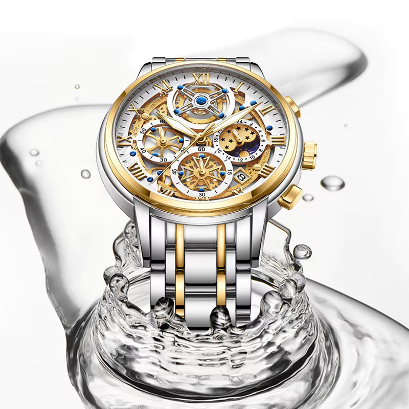 LIGE Chronograph Armbanduhr, Quarz, Edelstahl, Gold, Herren - Bild 3