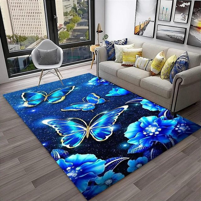 Karpetti 3D Luxus Schmetterling und Blumen Teppich in Blau, rutschfest und waschbar, B/T: 120 x 80 cm - Bild 1