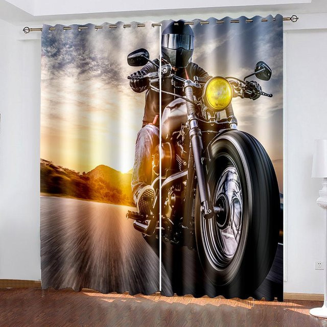 Motorrad-Print Vorhänge mit Grafikdesign, Set aus zwei unabhängigen Halb-Verdunkelungsvorhänge aus Polyester, Mehrfarbig, B: 135 cm, H: 165 cm - Bild 1