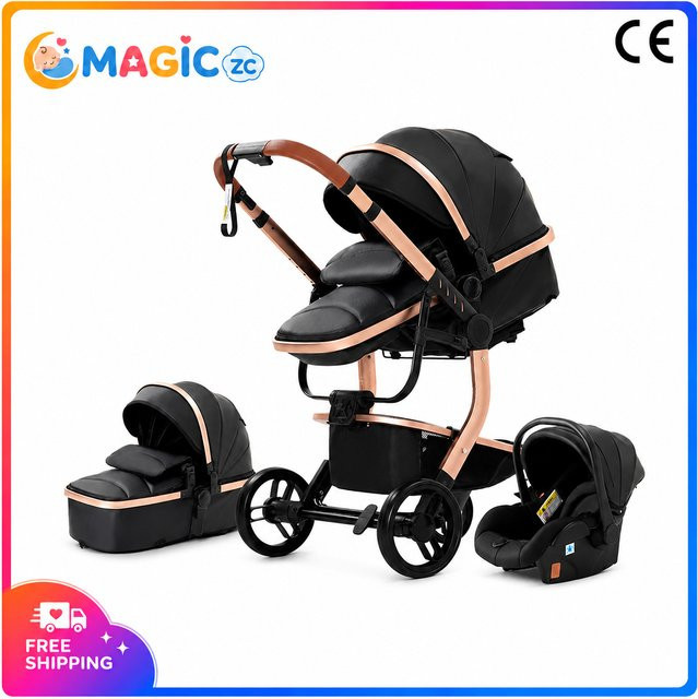Prokoke 3-in-1 Kinderwagen-Set mit Babywanne und Autositz, grau-schwarz, klappbar mit Aluminiumrahmen und EVA-Rädern - Bild 1