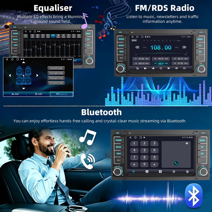 ESSGOO Android 15 Autoradio für Volkswagen Touareg 2003–2010 mit 7 Zoll Display, 4+64GB Speicher, CarPlay, Android Auto, GPS, Bluetooth und Multimedia-Funktionen in Schwarz - Bild 2