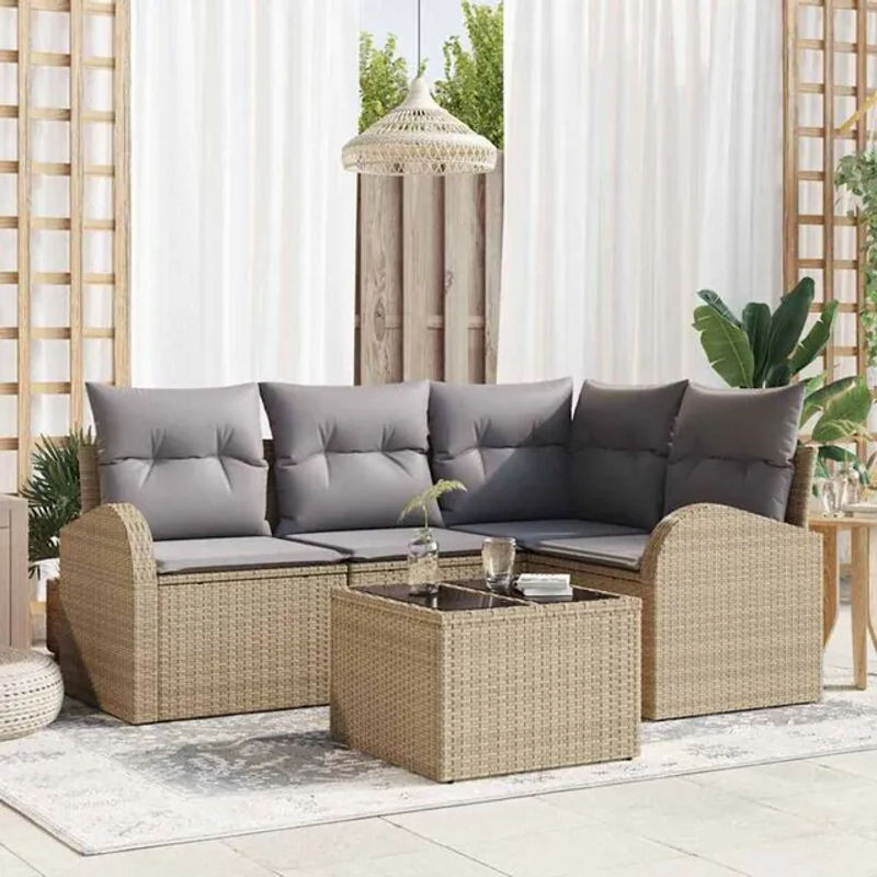 vidaXL Garten-Sofa-Set aus Poly-Rattan mit 5 Teilen und Kissen in Beige und Hellgrau - Bild 1