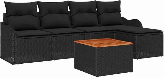 vidaXL Garten-Sofa-Set 6-teilig aus Polyrattan in Schwarz mit Polsterung und L-Form für Garten, Terrasse oder Balkon - Bild 1