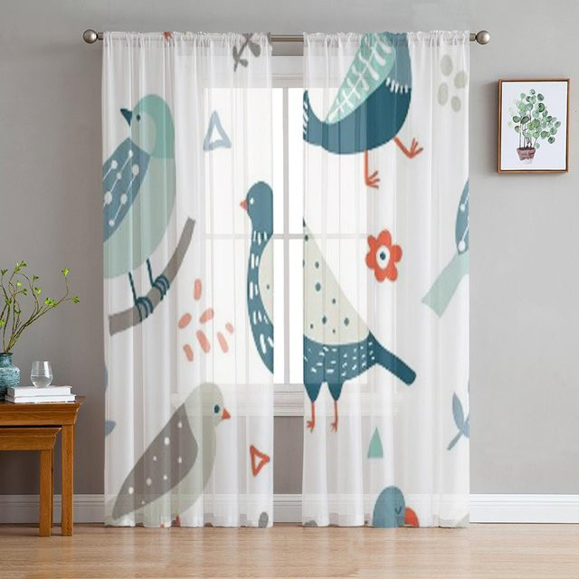 Transparente Voile Organza Vorhänge von Super Six mit abstraktem Vogel- und Blumenmuster in Weiß und Multicolour, Breite: 135 cm, Höhe: 114 cm - Bild 1