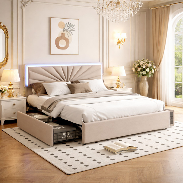 FEEOHOME Polsterbett Beige mit 4 Schubladen und Unterbettbeleuchtung, B/T: 160 x 200 cm - Bild 1
