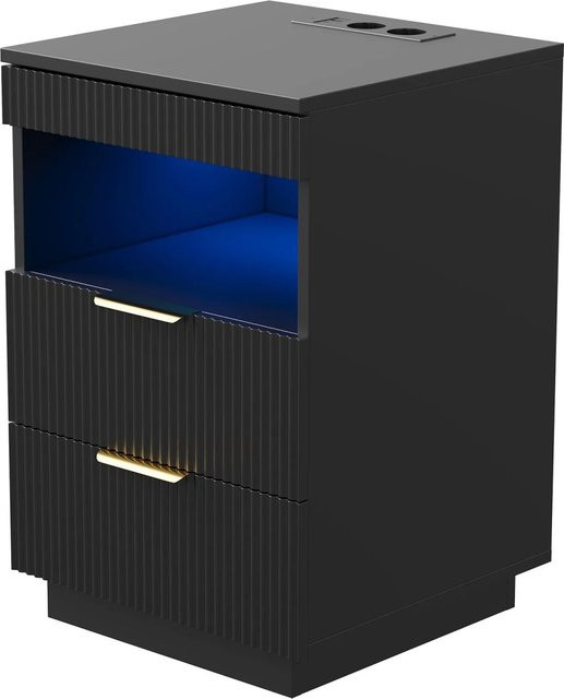PXloue Nachttisch in Schwarz mit integrierter Beleuchtung, Steckdose, 2 Schubladen und Geheimfach, B/T/H: 40 x 40 x 60 cm - Bild 1