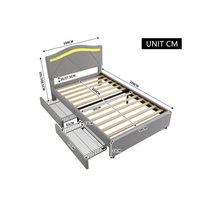 Gepolstertes MUVOE Bett mit LED-Beleuchtung und 2 Stauraumschubladen in Grau, B/T: 90 x 200 cm - Bild 2