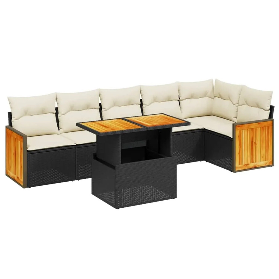 vidaXL 7-tlg. Garten-Sofagarnitur in L-Form aus schwarzem Poly-Rattan mit Kissen und Akazienholz - Bild 2