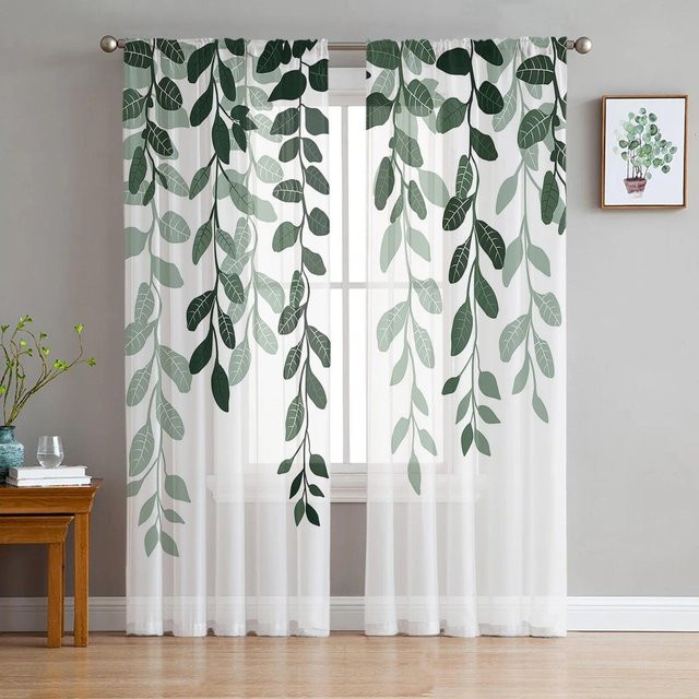 A Family Of Home Textiles Transparenter Voile-Vorhang mit floralem Blattpflanzen-Design in Weiß, Breite: 135 cm, Höhe: 114 cm - Bild 1