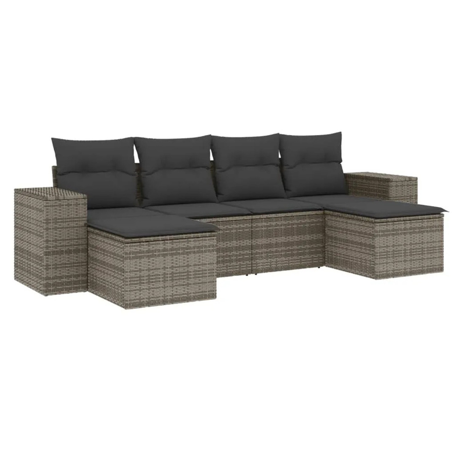 vidaXL 6-teilige Garten-Sofagarnitur in L-Form mit Polsterkissen und Ottoman, Grau - Bild 2