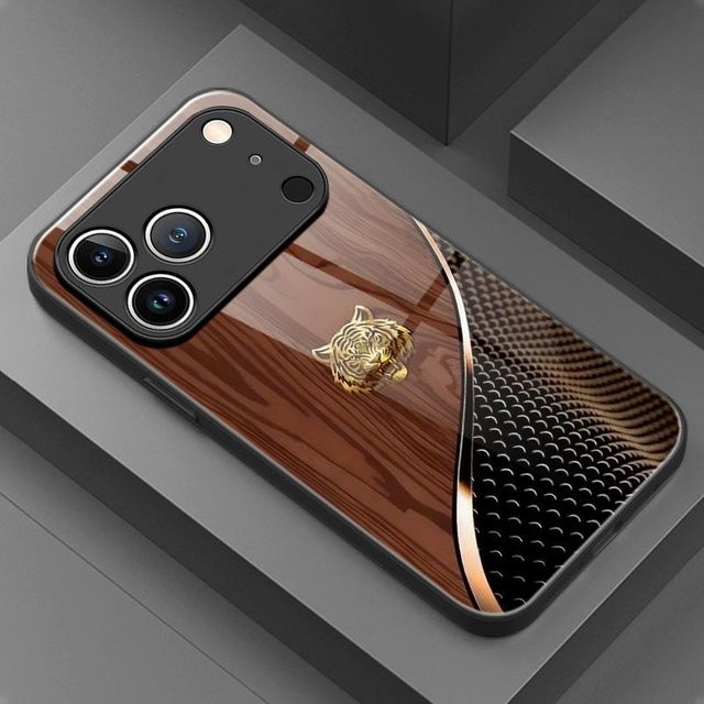 Handyhülle mit Holzmaserung und Tigerkopf-Muster aus gehärtetem Glas für Apple iPhone Modelle in Braun - Bild 1