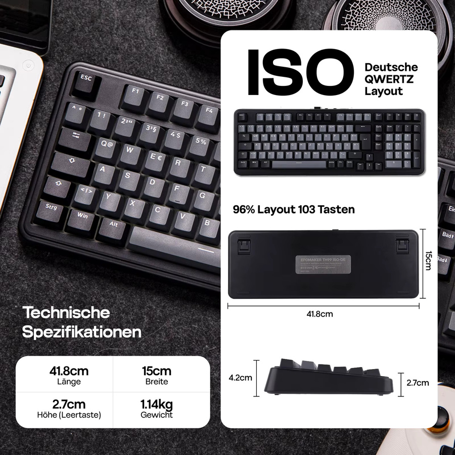 EPOMAKER TH99 Mechanische Tastatur mit QWERTZ Layout, 96% Dreifachmodus Kabellos, Schwarz, 8000mAh Akku - Bild 3