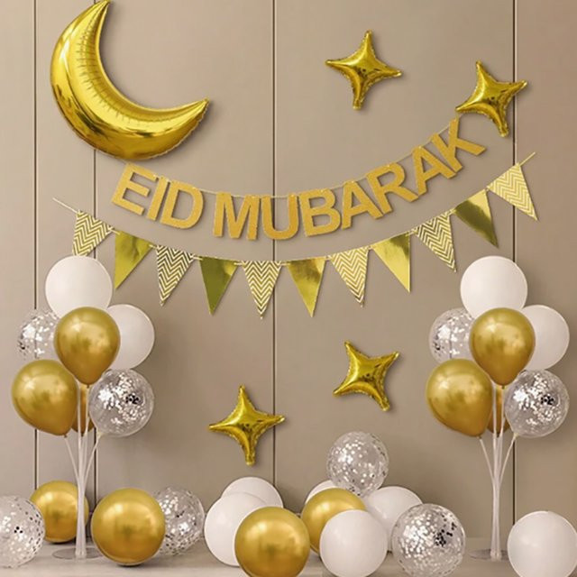 Eid Mubarak Banner und Luftballon Set in Gold für Ramadan Kareem und Umrah Mubarak Dekorationen - Bild 1