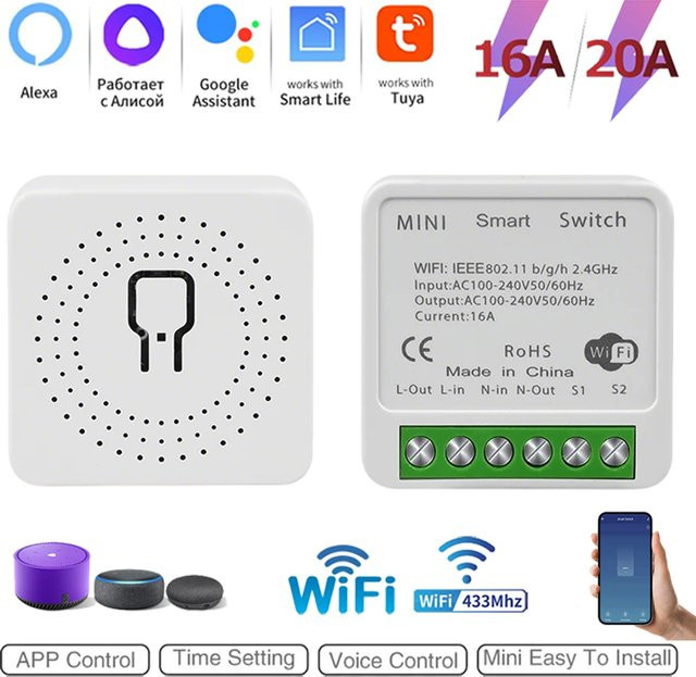Tuya Mini DIY Smart Switch WiFi Lichtschaltermodul mit Timer, weißes RF433Mhz 2-Wege-Modul kompatibel mit Smart Life, Alexa und Google Assistant - Bild 1