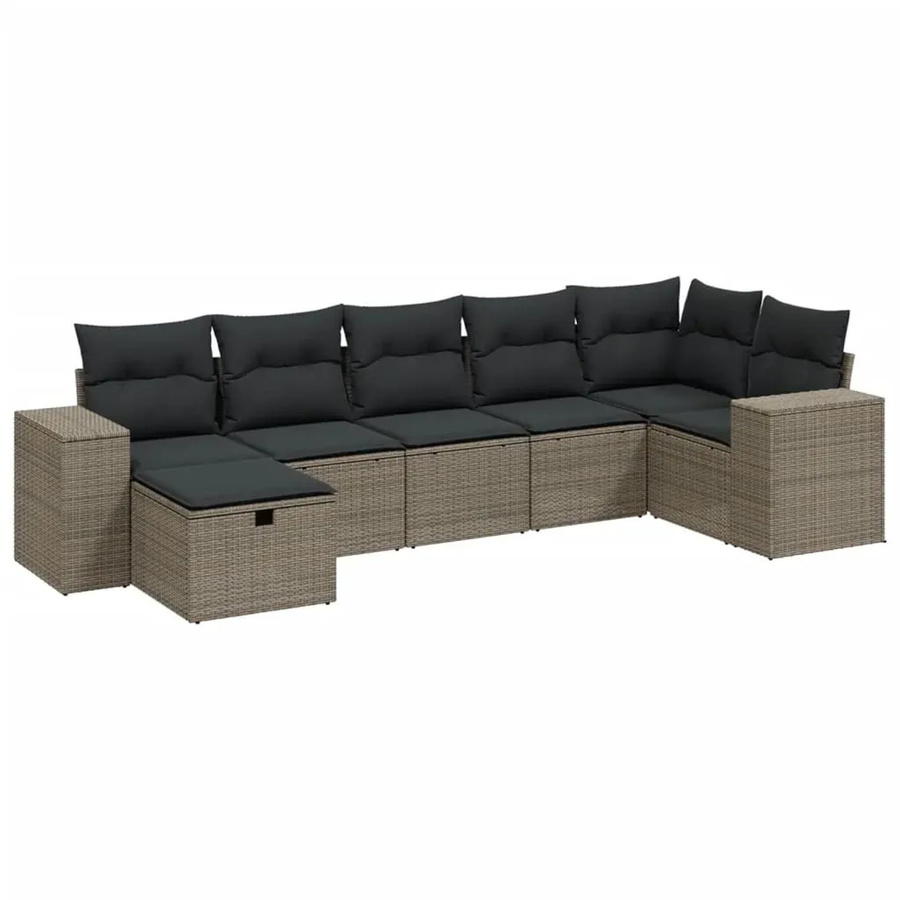 vidaXL 7-teilige Garten-Sofagarnitur in L-Form aus Poly Rattan und Metall mit Kissen in Grau - Bild 2