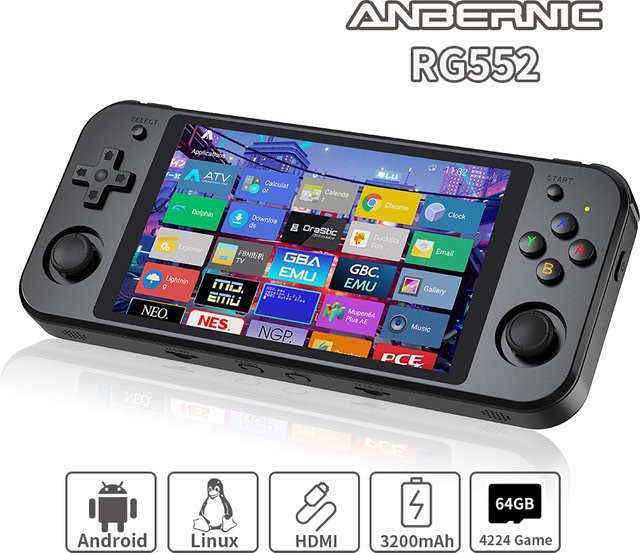 Anbernic RG552 Handheld-Spielekonsole in Schwarz mit 5,36 Zoll IPS-Bildschirm, Android und Linux Dual System sowie über 4000 Retro-Spielen - Bild 1
