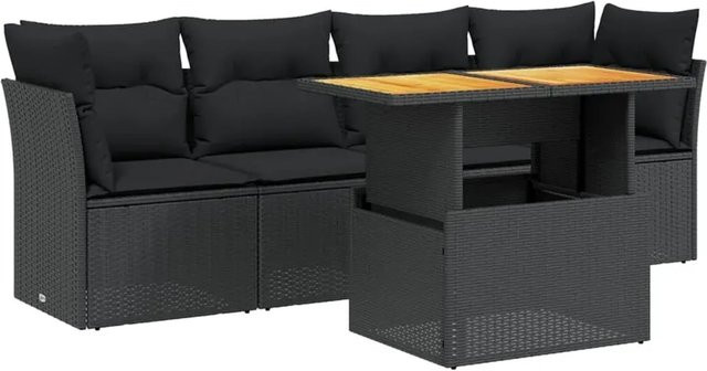 vidaXL 5-teilige Garten-Sofagarnitur in L-Form aus Polyrattan und Akazienholz mit Kissen in Schwarz - Bild 1